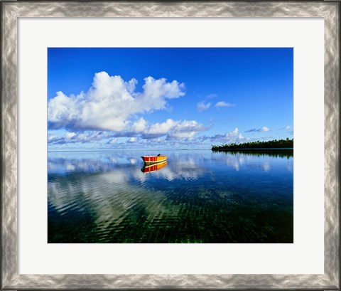 Framed Reflection Of Clouds And Boat On Water, Tahiti Print