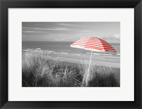 Framed Beach Umbrella On The Beach, Saunton, North Devon, England Print