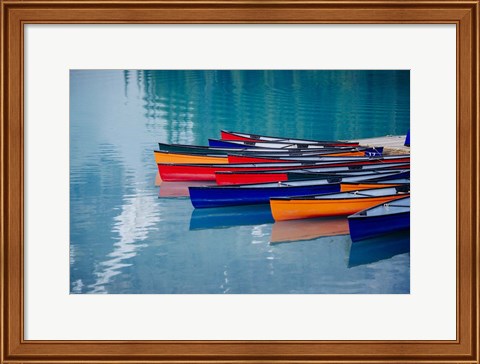Framed Colorful Rowboats Moored In Calm Lake, Alberta, Canada Print