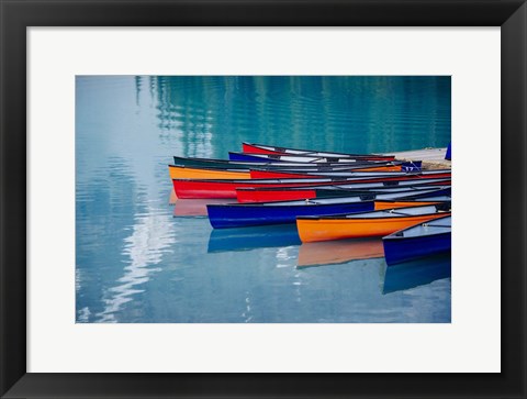 Framed Colorful Rowboats Moored In Calm Lake, Alberta, Canada Print