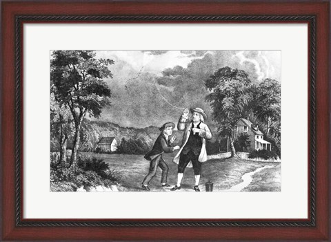 Framed June 1752 Benjamin Franklin Out Flying His Kite In Thunderstorm As An Experiment In Electricity And Lightning Print