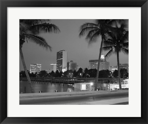 Framed Night View Skyline With Palm Trees Miami Florida Print