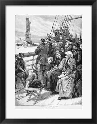 Framed Group Of Arriving Immigrants Huddled On Ship Deck Waving At Statue Of Liberty Print