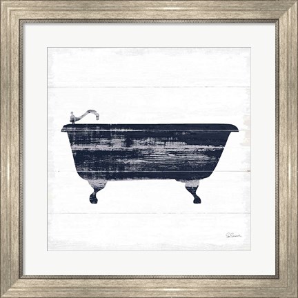 Framed Shiplap Bath I Navy Print