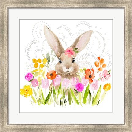 Framed April Flowers &amp; Bunny I Print