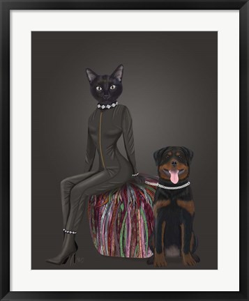 Framed Black Cat and Rottweiler Print