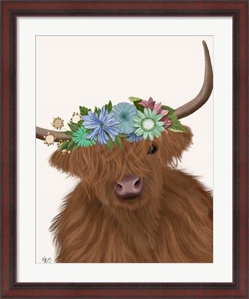 Framed Highland Cow with Flower Crown 2, Portrait Print