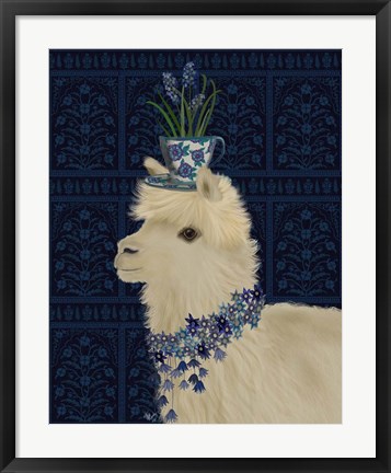 Framed Llama Teacup and Blue Flowers Print
