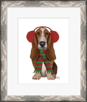 Framed Christmas Des - Basset Hound and Ear Muffs Print