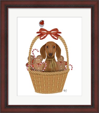 Framed Christmas Des - Dog in Basket with Gingerbread Men Print