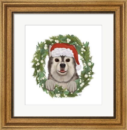 Framed Christmas Des - Husky Wreath Print