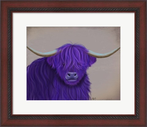 Framed Highland Cow 5, Purple, Portrait Print