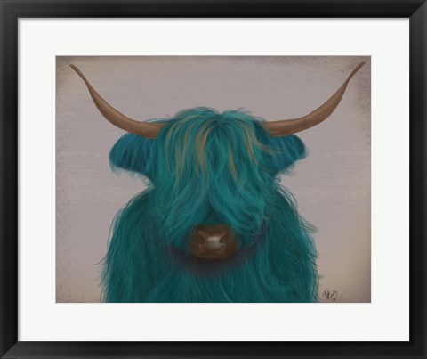 Framed Highland Cow 3, Turquoise, Portrait Print