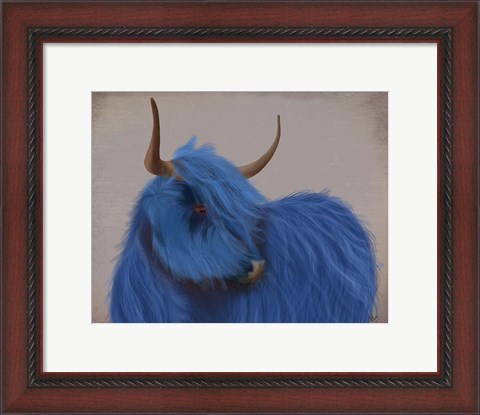 Framed Highland Cow 2, Blue, Portrait Print