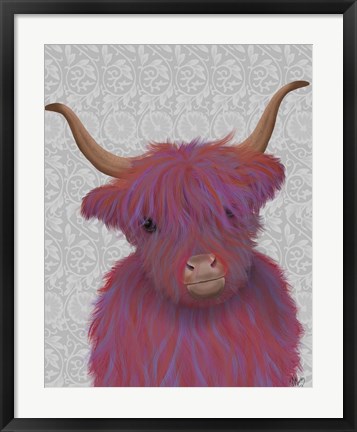 Framed Highland Cow 7, Pink And Purple, Portrait Print
