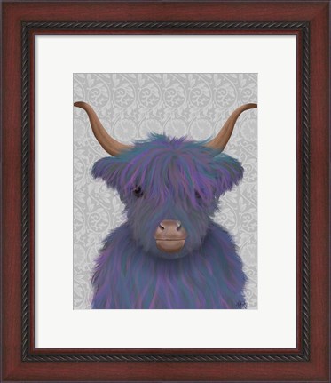 Framed Highland Cow 7, Purple, Portrait Print