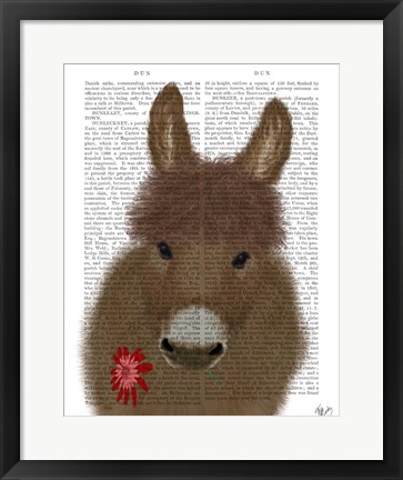 Framed Donkey Red Flower Book Print Print