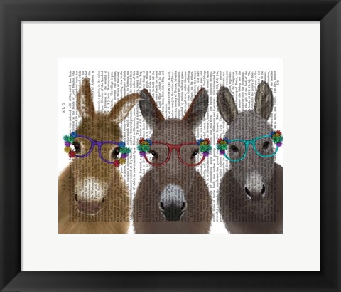 Framed Donkey Trio Flower Glasses Book Print Print