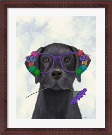 Framed Black Labrador and Flower Glasses Print