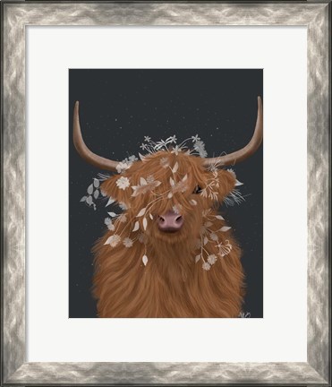 Framed Highland Cow 1, White Flowers Print