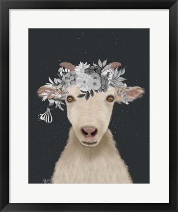 Framed Goat 1, White Flowers Print