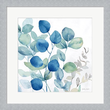 Framed Eucalyptus Leaves Navy I Print