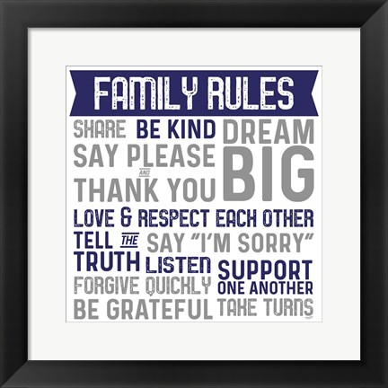 Framed Family Rules II Blue Gray Print