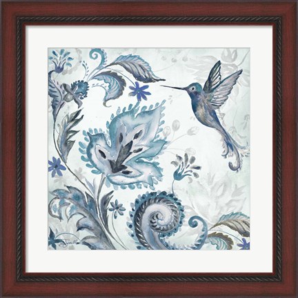 Framed Watercolor Boho Blue Hummingbird II Print