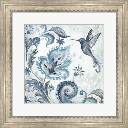 Framed Watercolor Boho Blue Hummingbird II Print