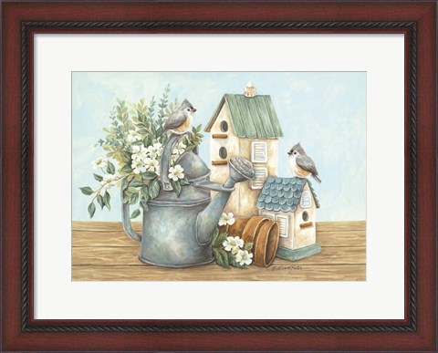 Framed Watering Can and Chickadees Print