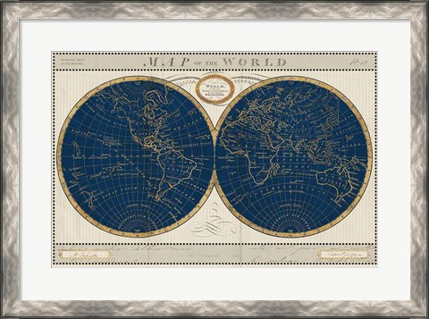 Framed Torkingtons World Map Indigo Globes Print