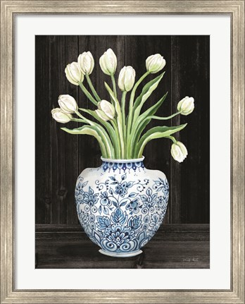 Framed Blue and White Tulips Black I Print
