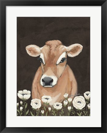Framed Cow With Flowers Print