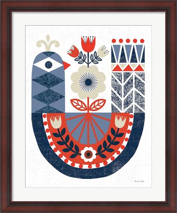 Framed Folk Lodge Bird Red Navy Print