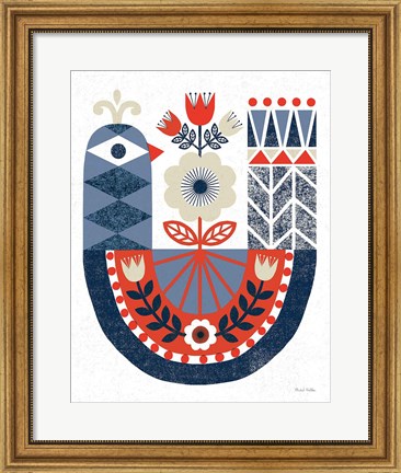 Framed Folk Lodge Bird Red Navy Print