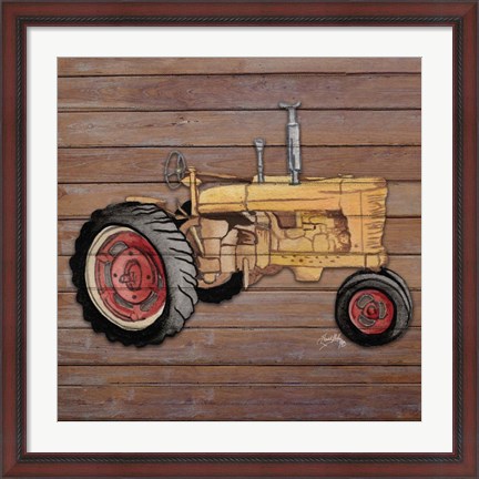 Framed Tractor on Wood I Print