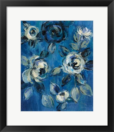 Framed Loose Flowers on Blue I Print