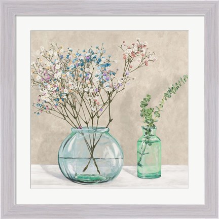 Framed Floral Setting with Glass Vases I Print
