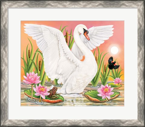 Framed Swan, Frog And Blackbird At Sunset Print