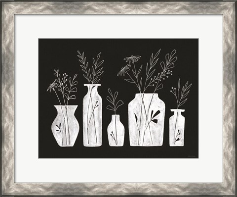 Framed White Line Floral Vases Print