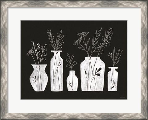 Framed White Line Floral Vases Print