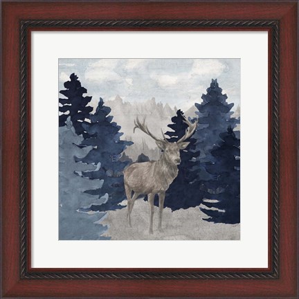 Framed Blue Cliff Mountains scene II-Deer Print