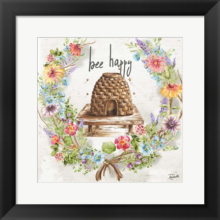 Framed Honey Bee and Herb Blossom Wreath II Print