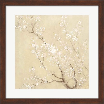 Framed White Cherry Blossoms I Linen Crop Print