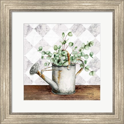 Framed Eucalyptus White Watering Can Print