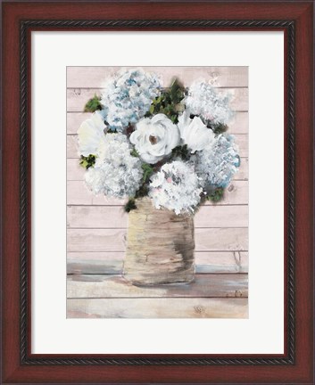Framed White and Blue Rustic Blooms Print