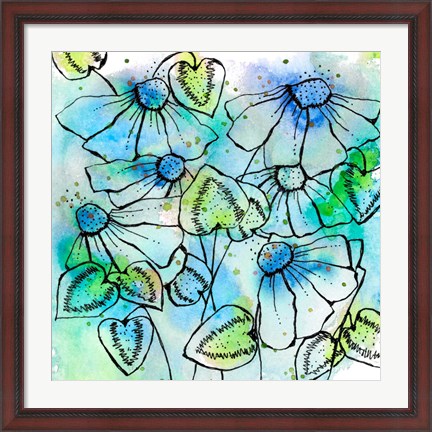 Framed Blue Bursts and Blossoms Square Print