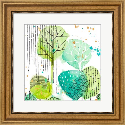 Framed Green Stamped Leaves Square II Print