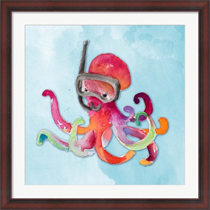 Framed Snorkeling Octopus on Watercolor Print