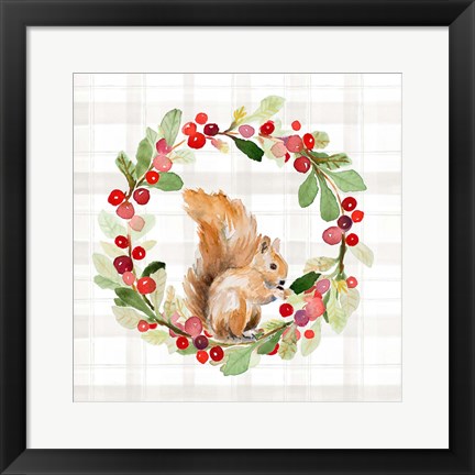 Framed Holiday Woodland Wreath on Plaid II Print